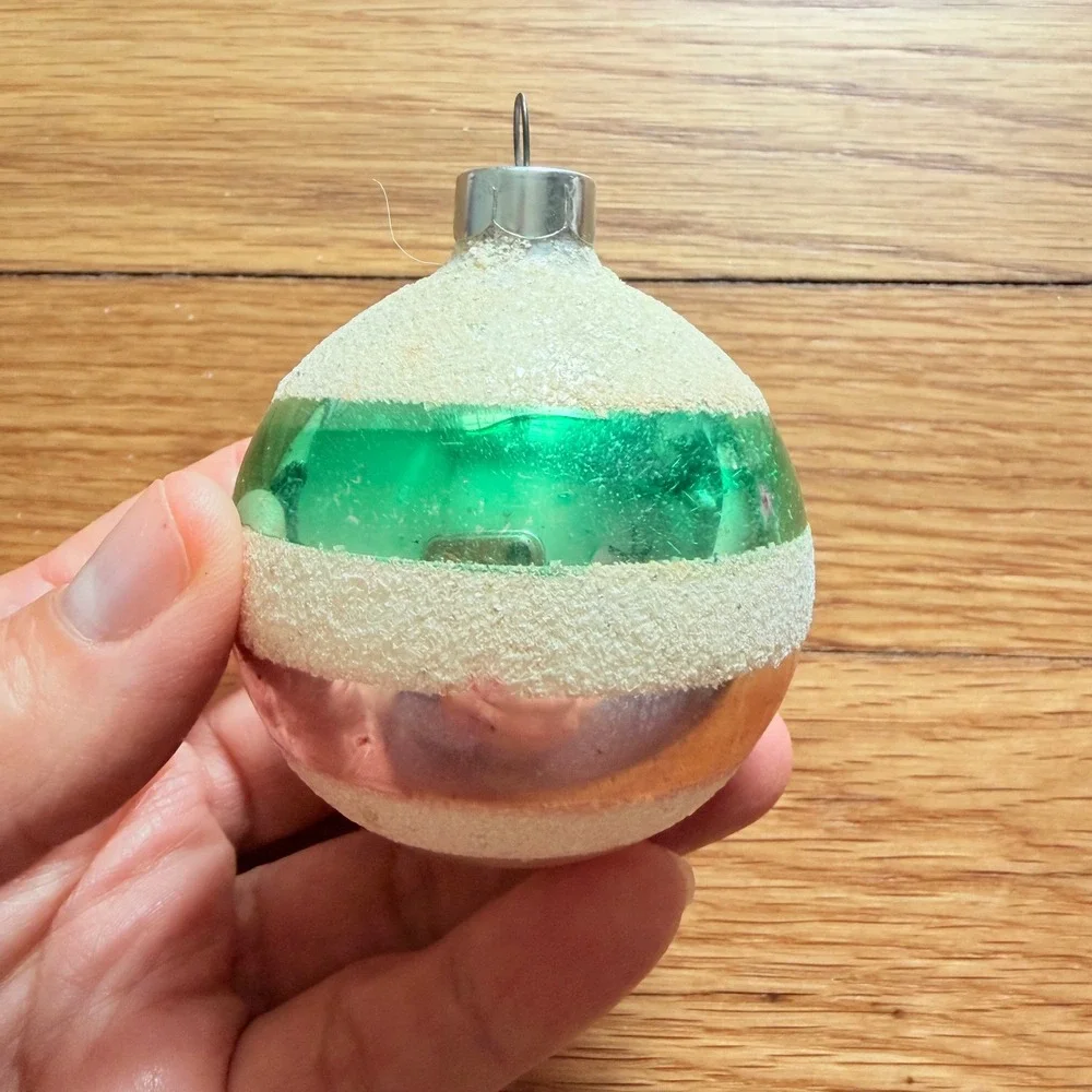 George Franke Pair Christmas Ornaments Pink Green Striped Mica USA MCM 1950's